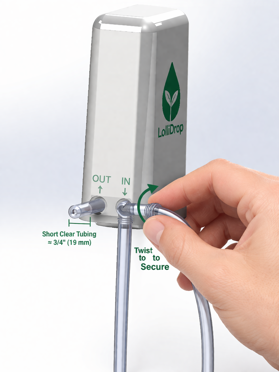 Clear pump tube inserted into the LolliDrop device