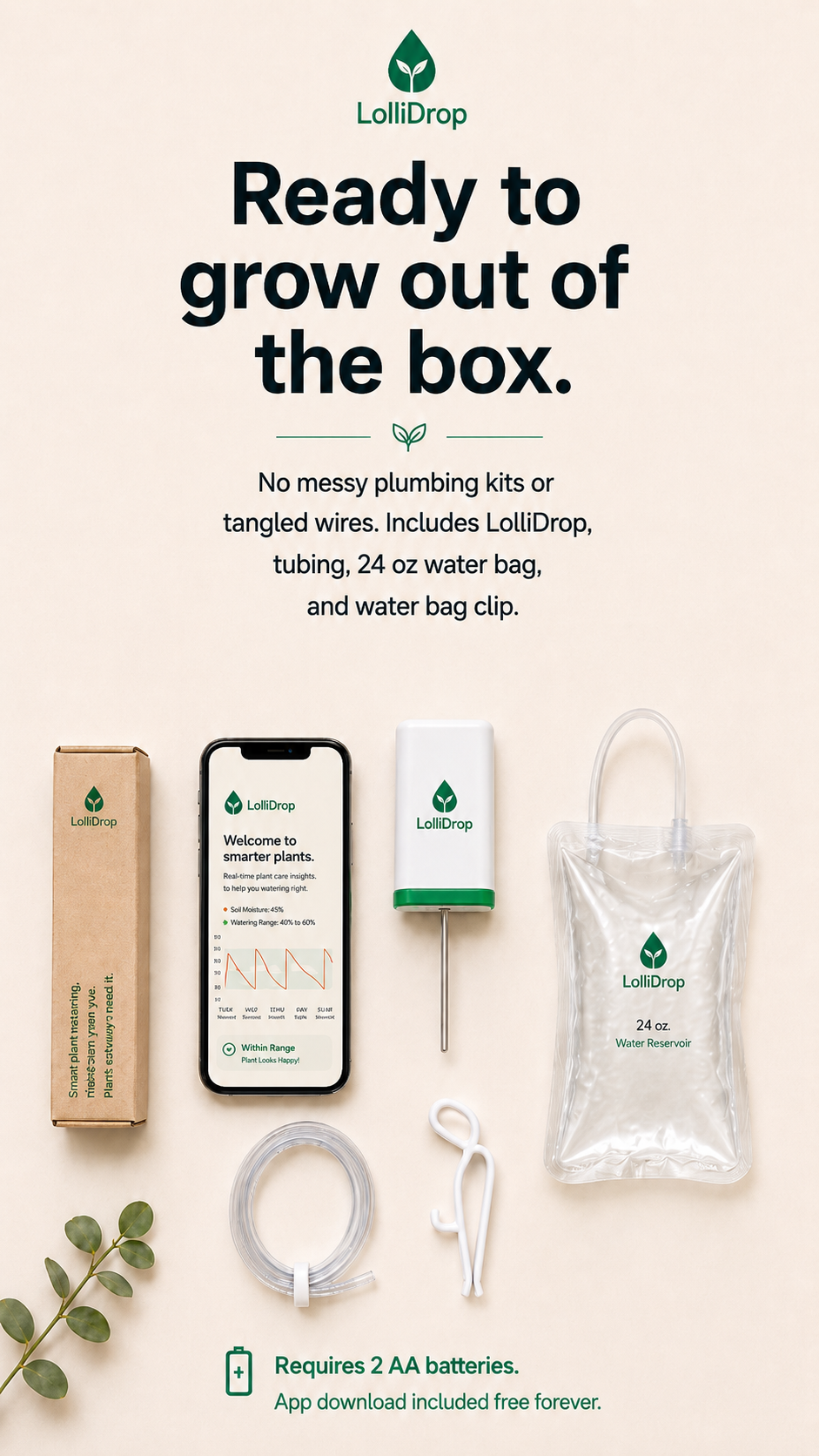 LolliDrop shown with the device, tubing, phone app, and 24 ounce water reservoir laid out together