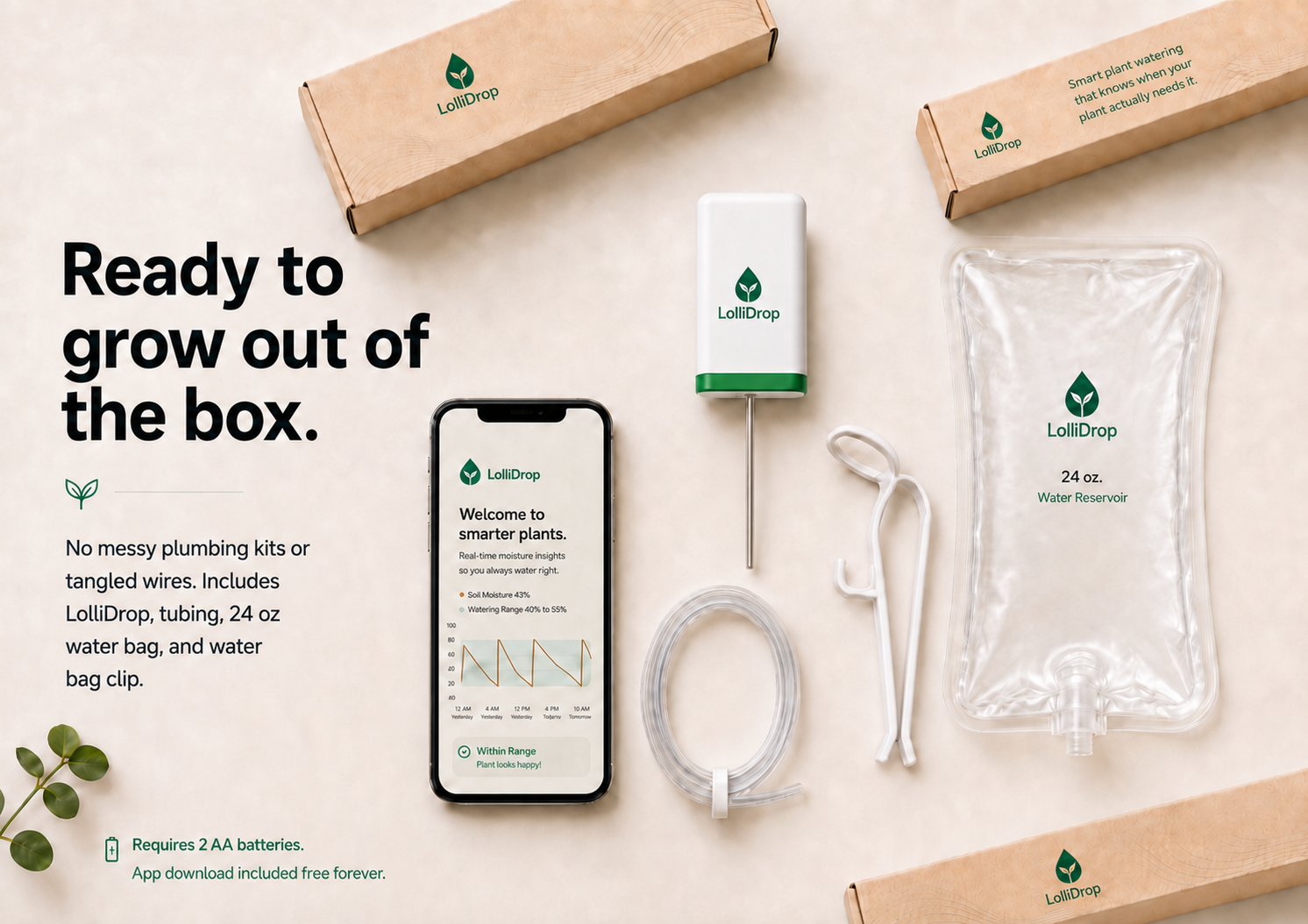LolliDrop shown with the device, tubing, phone app, and 24 ounce water reservoir laid out together
