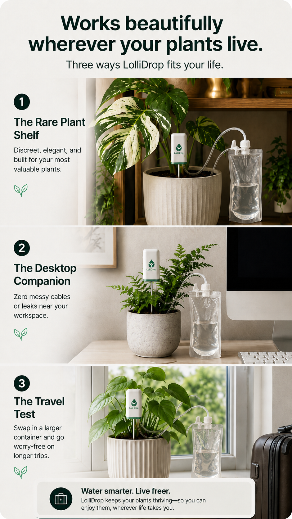 LolliDrop shown in three real home placements including a plant shelf, desktop setup, and travel-ready windowsill