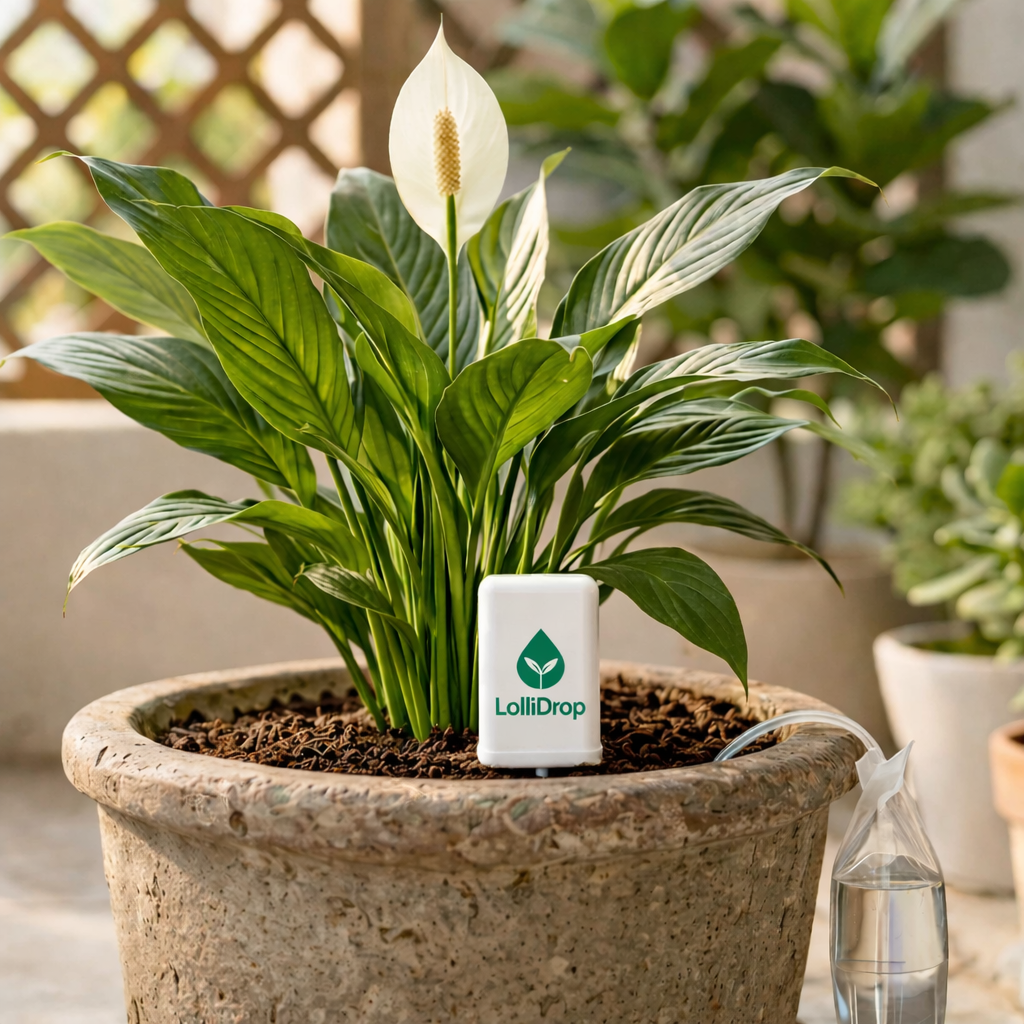 Peace lily with a LolliDrop watering device installed