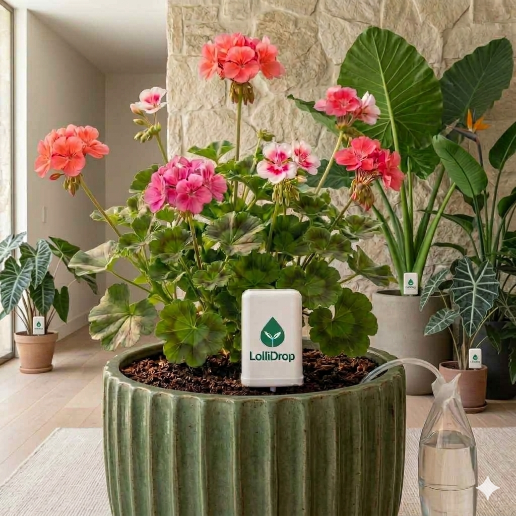 LolliDrop in a flowering plant with the water bag tucked beside the pot